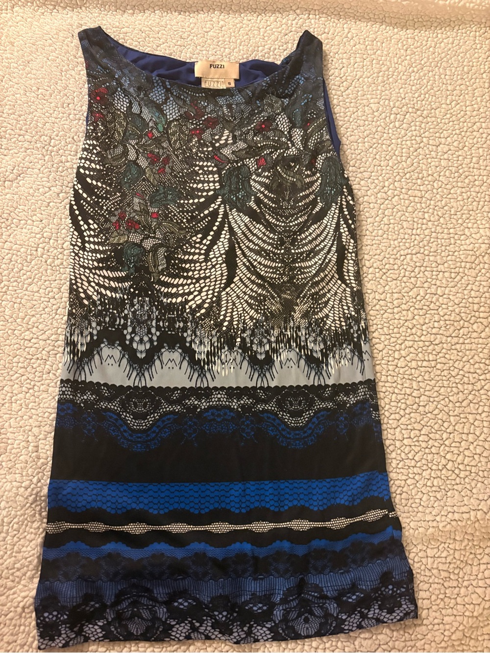 Fuzzi Blue and Black Lace-Print Sleeveless Tank Top